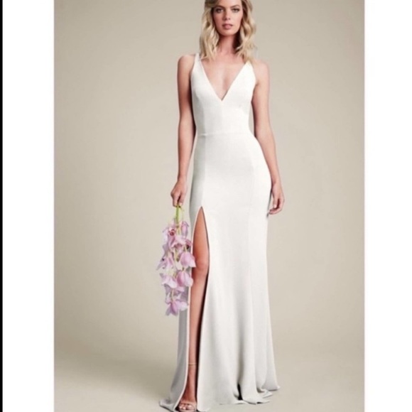 DRESS THE POPULATION Iris Slit Plunge White Gown Dress size small - Picture 4 of 12